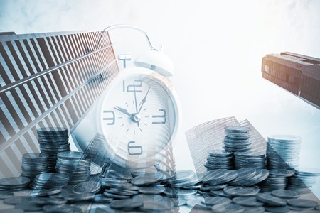 Double exposure of city and rows of coins for finance and banking concept,Business Finance and Money concept,Save money for prepare in the future.の写真素材