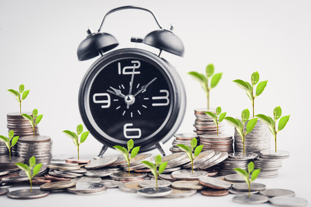 clock and rows of coins for time of finance and business concept.tree growing on coin.の写真素材