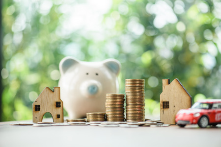 Close up of stacking money coins and home model, the saving with growing your money to real estate...