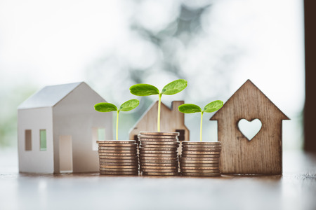 Stacking dollars coins with a house model.save and investment for buy house concept .for the future.plant growing up on coin.の写真素材