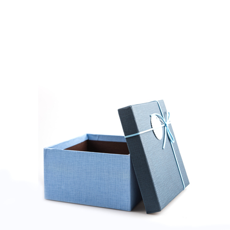 Blue open gift box on white backgroundの写真素材