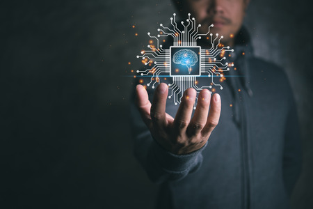 Future technology virtual screen interface. Hand businessman holding screen interface AI (Artificial...