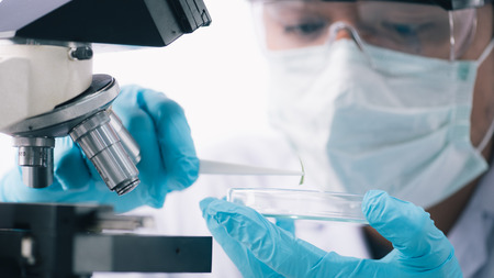 scientist with equipment and science experiments ,laboratory glassware containing chemical liquid for design or decorate science or other your content and selective focusの写真素材