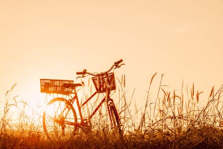 beautiful landscape image with vintage Bicycle at sunsetの写真素材