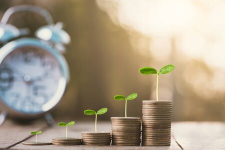 Money coin stack growing graph with sun light bokeh background,investment concept.Business Finance and Save Money conceptの写真素材