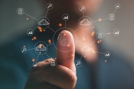Digital transformation change management, internet of things. new technology bigdata and business process strategy, automate operation, customer service management, cloud computing, smart industry technology fingerprint.の写真素材