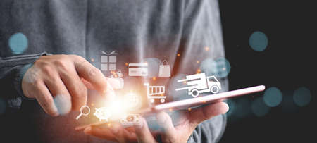 mobile business concept, people man hands using digital tablet for online shopping.Liftstyle IT age.の写真素材
