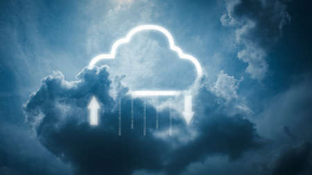 data storage technology concepts. Clouds and cloud icons that are currently downloading and uploading data.の写真素材