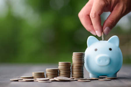 business finance and saving money investment , Money coin stack growing graph with hand putting coin on piggy bank saving concept. Balance savings and investment.の写真素材