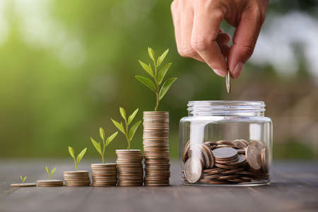 business finance and saving money investment , Money coin stack growing graph with hand putting coin on piggy bank saving concept. Balance savings and investment.の写真素材