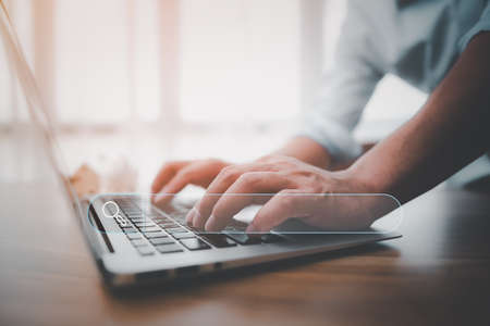 Data Search Technology Search Engine Optimization. man's hands are using a computer notebook to Searching for information.Using Search Console with your website.の写真素材