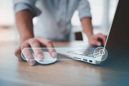 Data Search Technology Search Engine Optimization. man's hands are using a computer notebook to Searching for information. Using Search Console with your website.の写真素材
