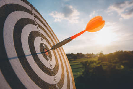 business marketing as concept. Red dart arrow hitting in the target center of dartboard Target hit in the center.の写真素材