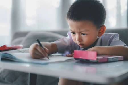 Asian Boy Doing homework with the intention. Child boy holding pencil writing, A boy drawing on white paper at the table,Elementary school and home schooling, Distance Education concept.の写真素材