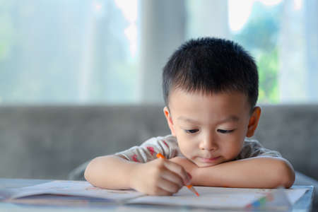 Asian Boy Doing homework with the intention. Child boy holding pencil writing, A boy drawing on...