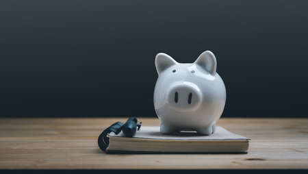 white piggy bank on note book with pen on wooden table. Income, tax, savings, personal finance planning or investment concept.の写真素材