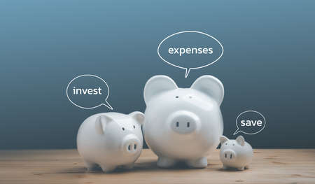 Income Management, expenses, invest, save, three white ceramic piggy bank on wood table. family Piggy Bank for saving and investment.の写真素材