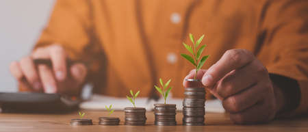 business man Hand putting coin stack growing graph with green bokeh background,investment...
