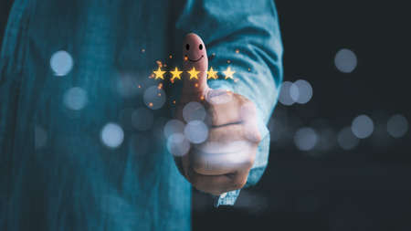 Customer service satisfaction survey concept. Business people or customers are thumbs up to show...