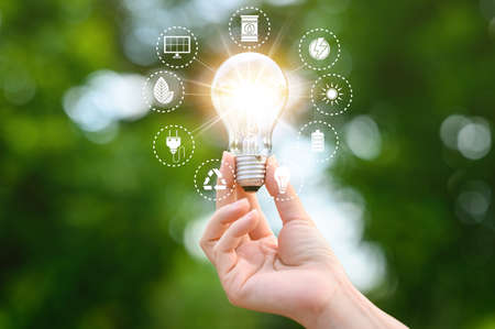 Hands holding lightbulb with environment icon on tropical nature summer background, Ecology and...
