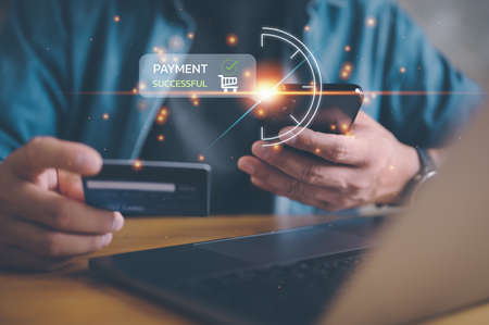 Mobile payment with wallet app technology. man paying and shopping with smartphone application....