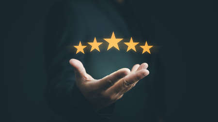 Customer evaluation feedback.men in suit Giving Positive Review for Client's Satisfaction...