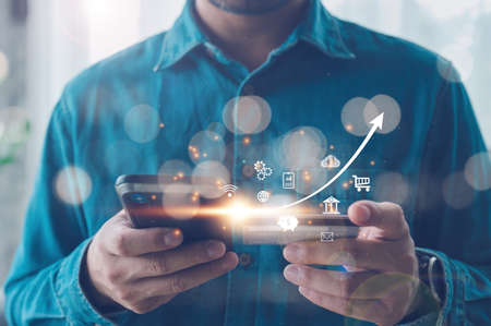 Man using mobile online banking and make payment, Business people using mobile phone with credit card, Mobile banking network, online payment, digital marketing, business technology.の写真素材