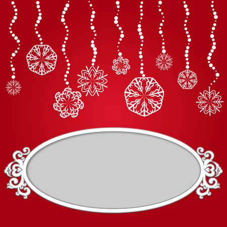 Red Christmas background with snowflakes and empty frame for your textのイラスト素材