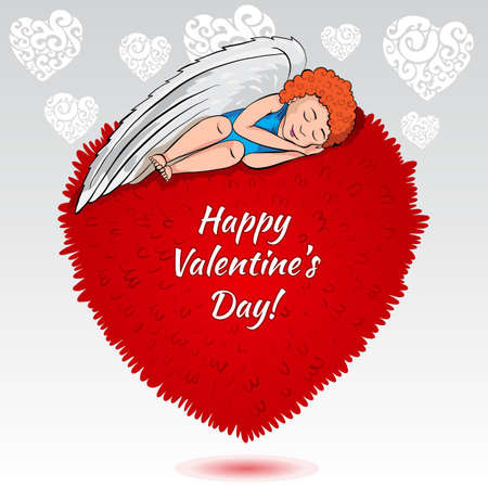 Cute Valentines angel dreaming on the red heartのイラスト素材
