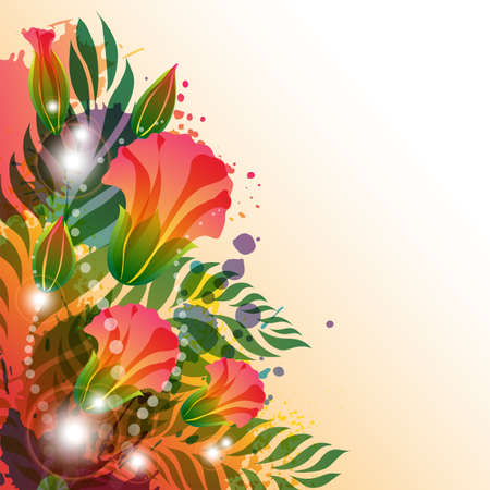 Bright floral Background with watercolor blots and flowersのイラスト素材