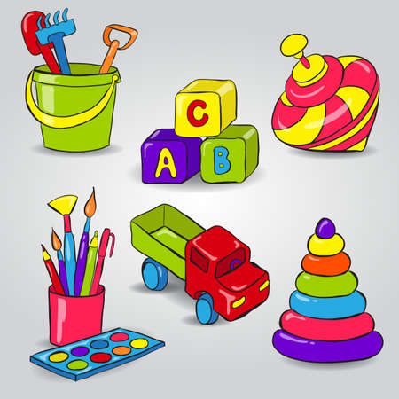 Set with whirligig, children's blocks, bucket and shovel, paint, car, pyramidÂのイラスト素材