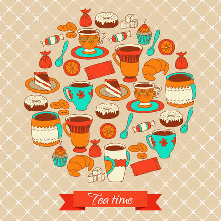 Round pattern with tea coffee and sweets timeのイラスト素材