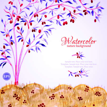 Watercolor landscape with fruit tree and grassのイラスト素材