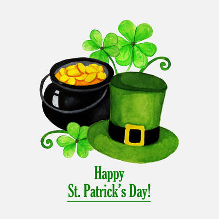 St.patrick day greeting card with hat, coins and cloverのイラスト素材