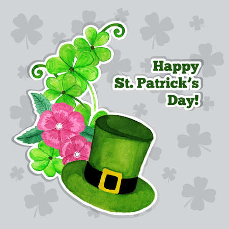 St.patrick day greeting card with hat, flowers and cloverのイラスト素材