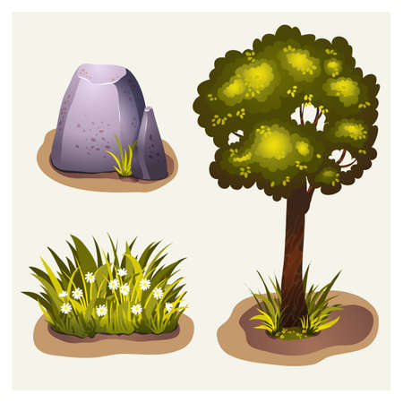 Set of game environment elements with stone, meadow with grass and flowers, and big treeのイラスト素材
