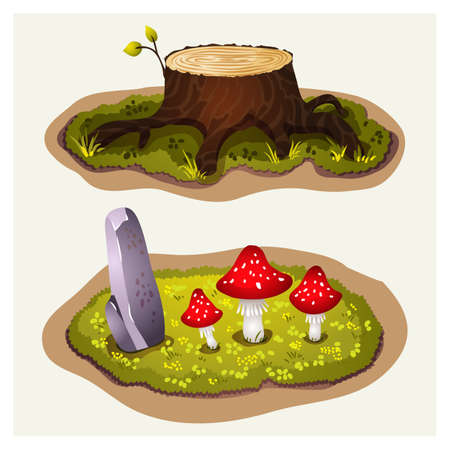 Set of game environment elements with stump and meadow with amanite mushroomsのイラスト素材