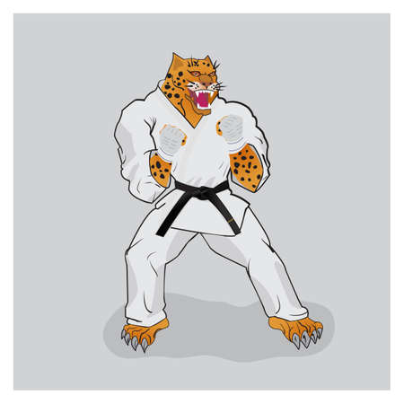 Martial arts fighter leopard in the white gi with black beltのイラスト素材