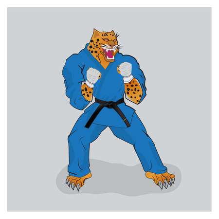Martial arts fighter leopard in the blue gi with black beltのイラスト素材