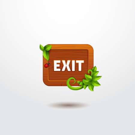 Game interface button exit on wooden template with leaves. Cartoon style of ui panelsのイラスト素材