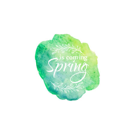 Watercolor blot with text spring coming template. Brush strokeのイラスト素材