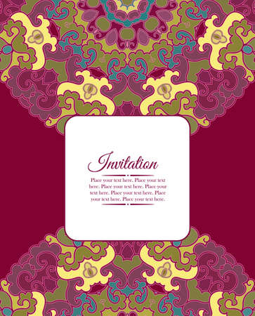 Card or invitation. Vintage decorative ornament. Hand drawn colorful background. Mandala doodle pattern, round ornamentのイラスト素材