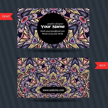 Vector  templates set of business card with doodles colorful ornament. Hand drawn pattern. Bright creative corporate identityのイラスト素材