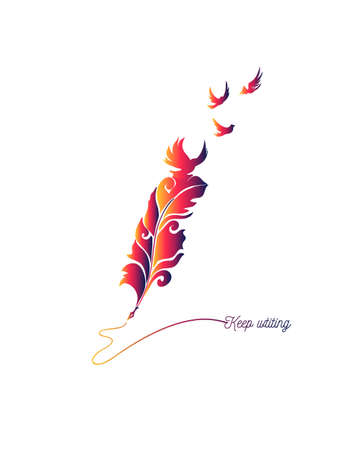 Keep writing quote made with feather and flying birds. Inspiration picture for writers.のイラスト素材