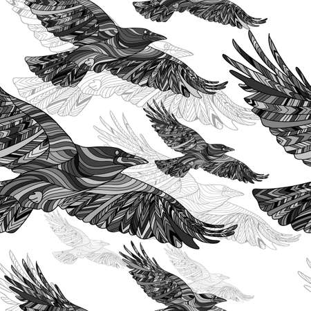 Seamless pattern of Hand-drawn crows with ethnic floral pattern. Abstract background