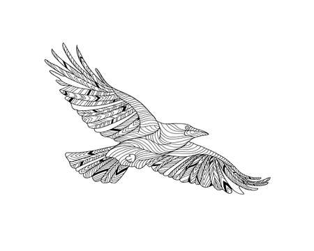 Hand-drawn crow with ethnic pattern. Coloring page - zendala, design for spiritual relaxation for adults, vector illustration, isolated on a white background. Zen doodles.のイラスト素材