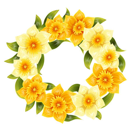 Elegant background with yellow daffodil narcissus. Spring flower with stem and leaves. Realistic patternのイラスト素材