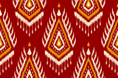 Fabric ethnic ikat art. Seamless pattern in tribal. Aztec geometric ornament print. Red background. Design for wallpaper, illustration, fabric, clothing, carpet, textile, batik, embroidery.のイラスト素材