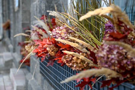 Bouquet of dried flowers on the street in the old cityの写真素材