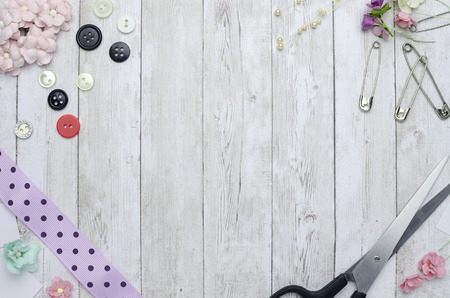 creative working place on the surface of wood, scrapbookingの写真素材